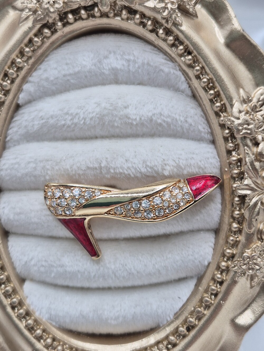 SWAROVSKI Gold Pink Enamel Sparkling Crystals High Heel Brooch Pump